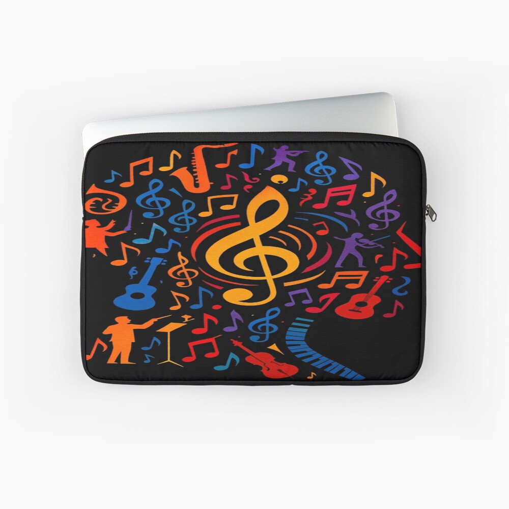 Colorful Treble Clef Music Collage Art on a laptop sleeve