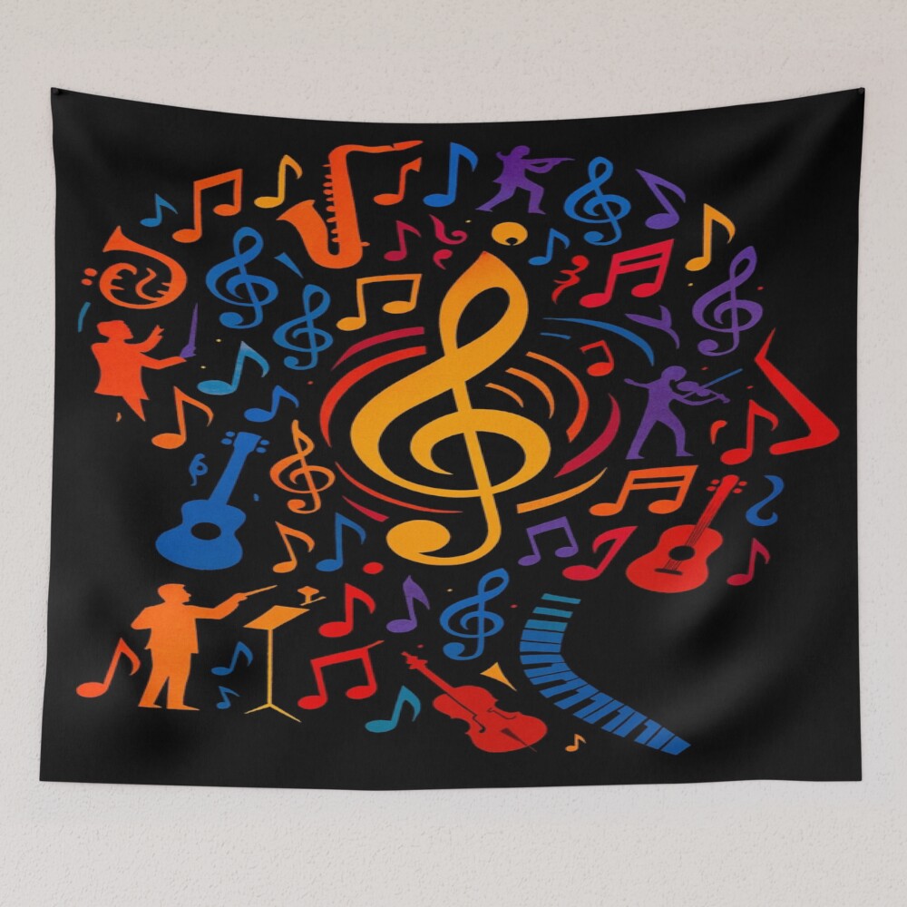 Colorful Treble Clef Music Collage Art on a tapestry