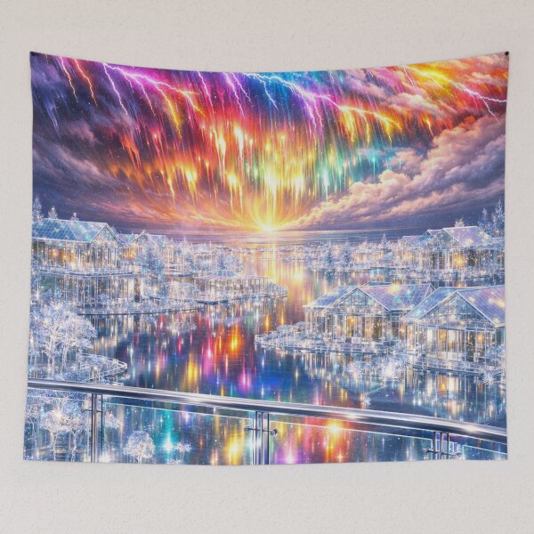 Item preview, Balcony View in Rainbow City Before the Storm | Fantasy Glass City Art Print designed and sold by YourForKor.