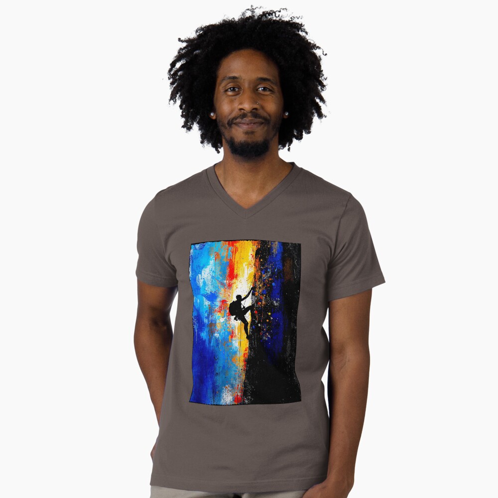 Abstract Rock Climber Vertical Ascent Art on a v-neck t-shirt