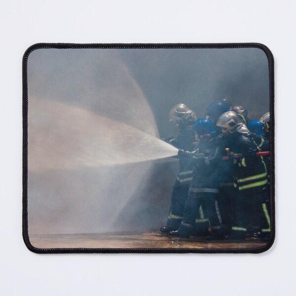 Item preview, Firefighters Team Battling Heavy Smoke and Flames With Hose During Emergency Fire Response Training and Rescue Operation designed and sold by Nmallia.