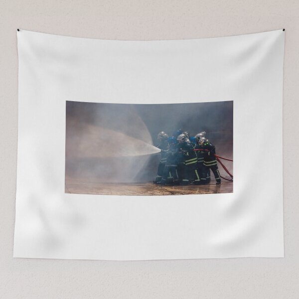 Item preview, Firefighters Team Battling Heavy Smoke and Flames With Hose During Emergency Fire Response Training and Rescue Operation designed and sold by Nmallia.