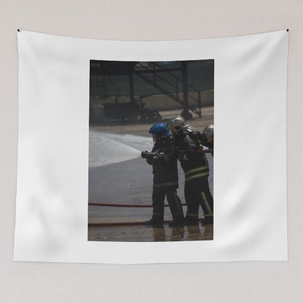 Item preview, Firefighters Team Battling Heavy Smoke and Flames With Hose During Emergency Fire Response Training and Rescue Operation designed and sold by Nmallia.
