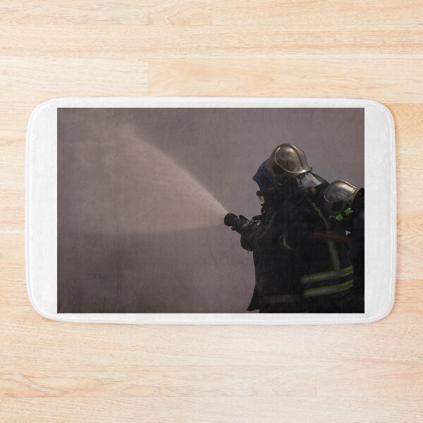 Item preview, Firefighters Team Battling Heavy Smoke and Flames With Hose During Emergency Fire Response Training and Rescue Operation designed and sold by Nmallia.