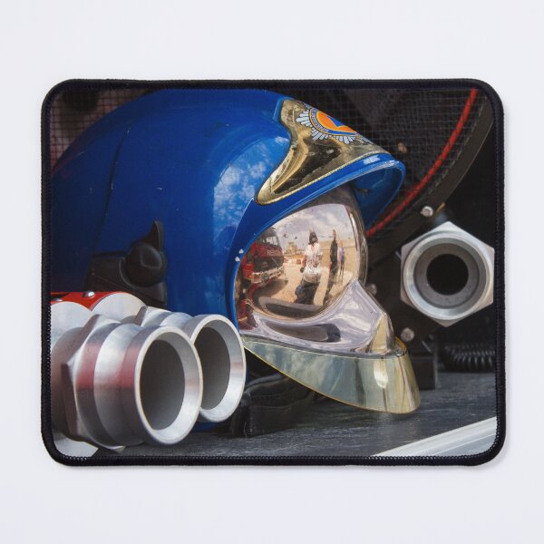 Item preview, Firefighter Helmet With Reflective Visor and Hose Fittings On Fire Truck Equipment Shelf designed and sold by Nmallia.