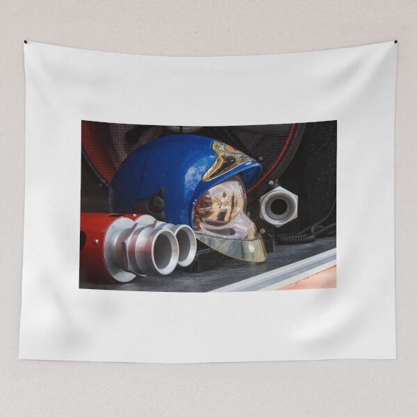 Item preview, Firefighter Helmet With Reflective Visor and Hose Fittings On Fire Truck Equipment Shelf designed and sold by Nmallia.