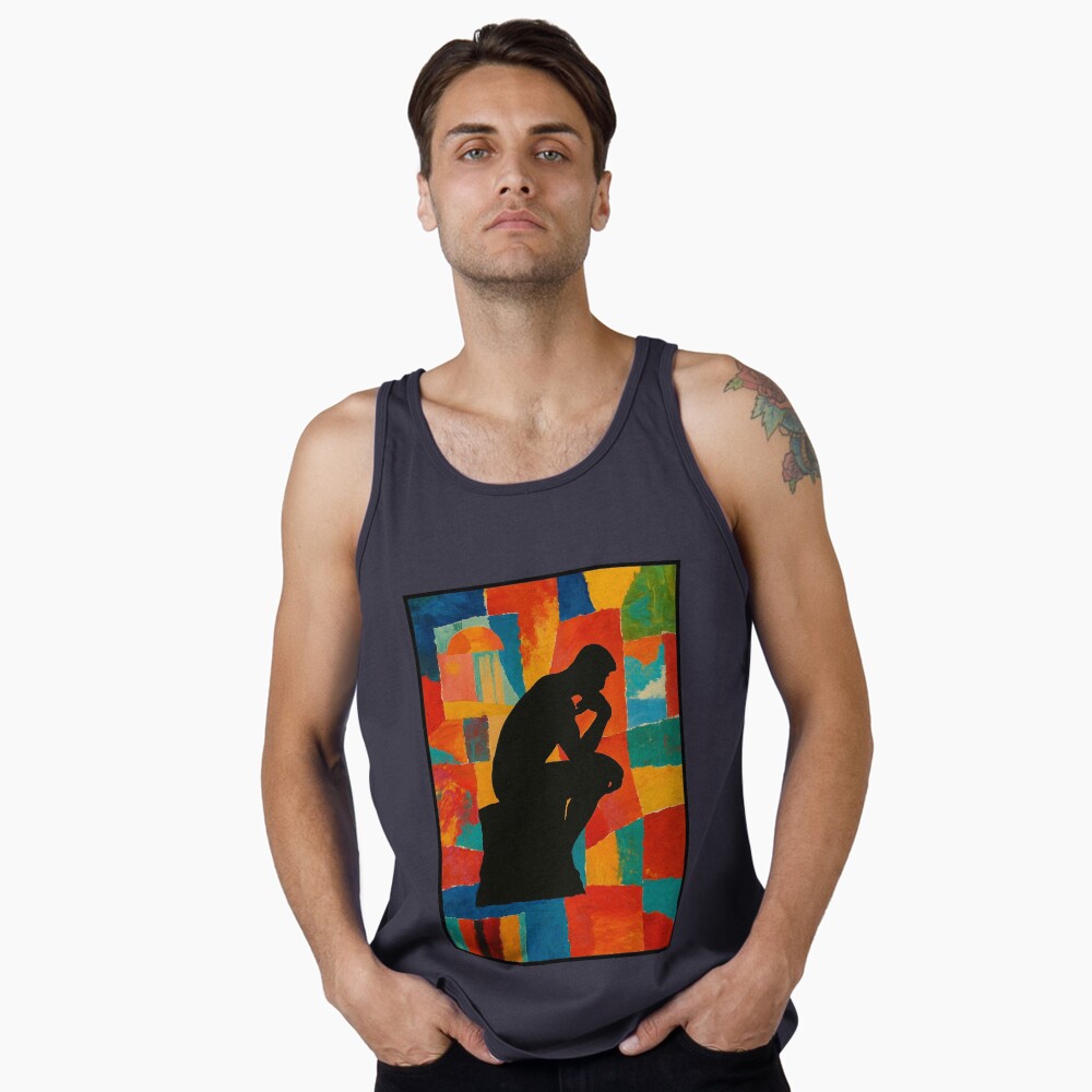 Abstract Thinker Silhouette Color Block Art on a tank top