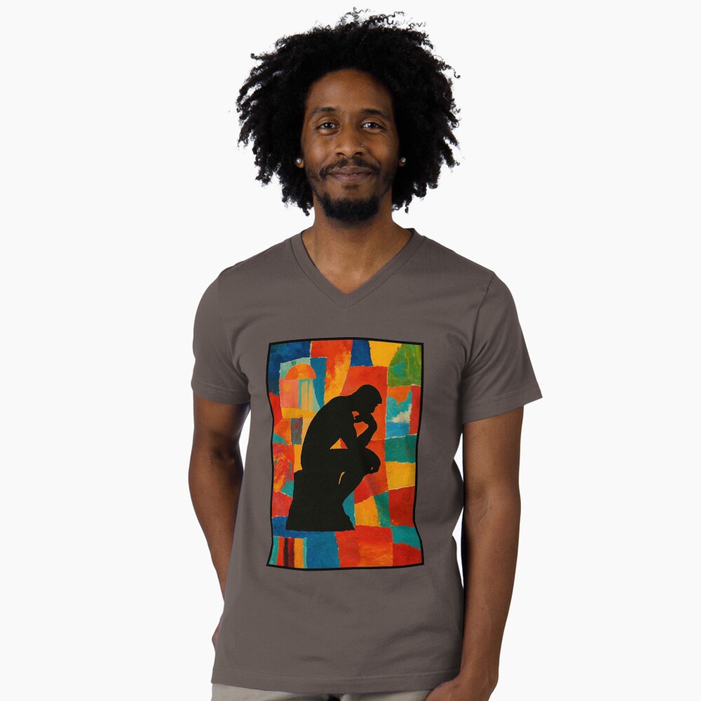 Abstract Thinker Silhouette Color Block Art on a v-neck t-shirt