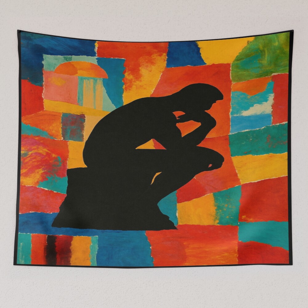 Abstract Thinker Silhouette Color Block Art on a tapestry