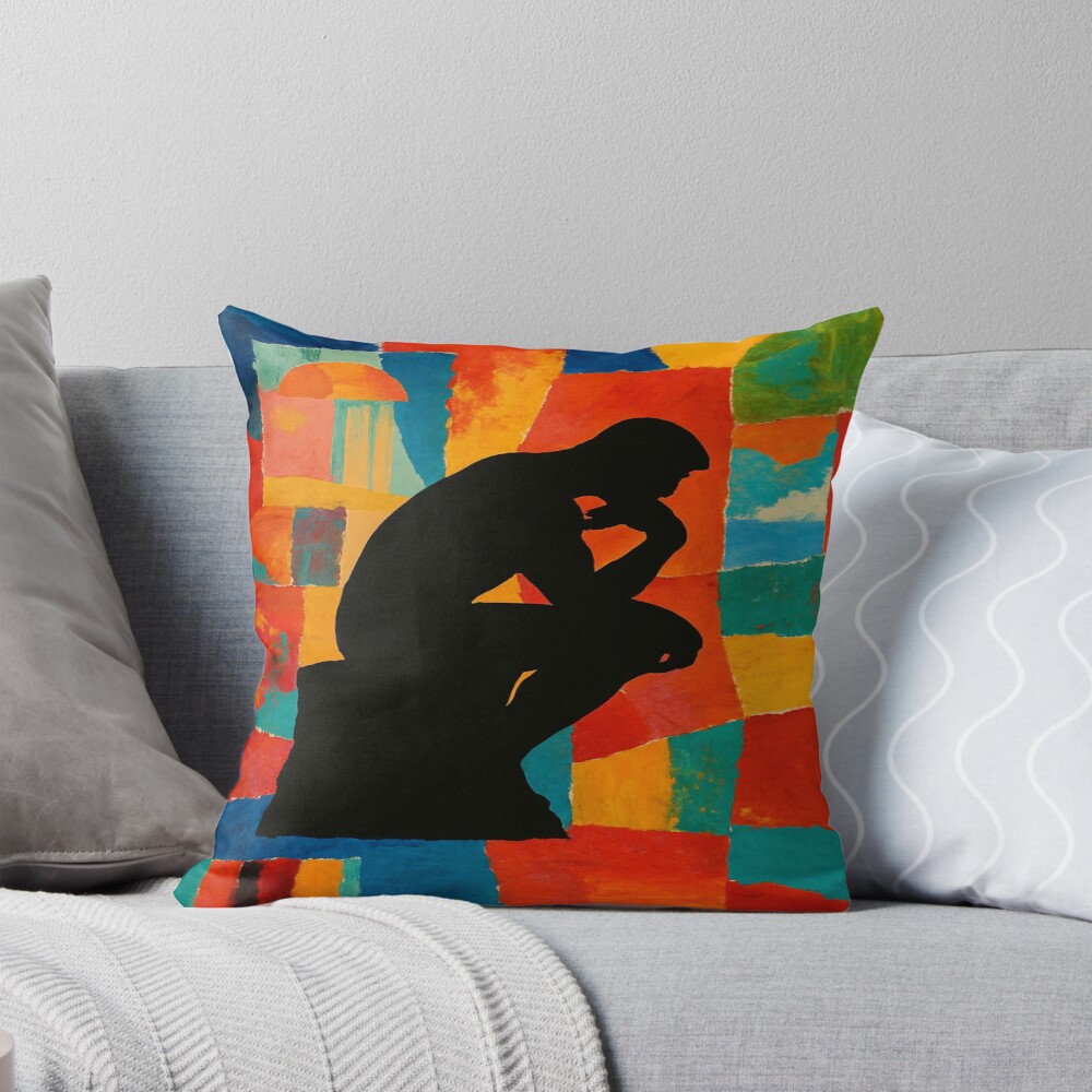 Abstract Thinker Silhouette Color Block Art on a throw pillow