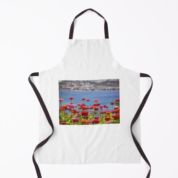 Item preview, Colorful Zinnias in Bloom Overlooking Turquoise Sea and Charming Coastal Town on a Sunny Day designed and sold by Nmallia.