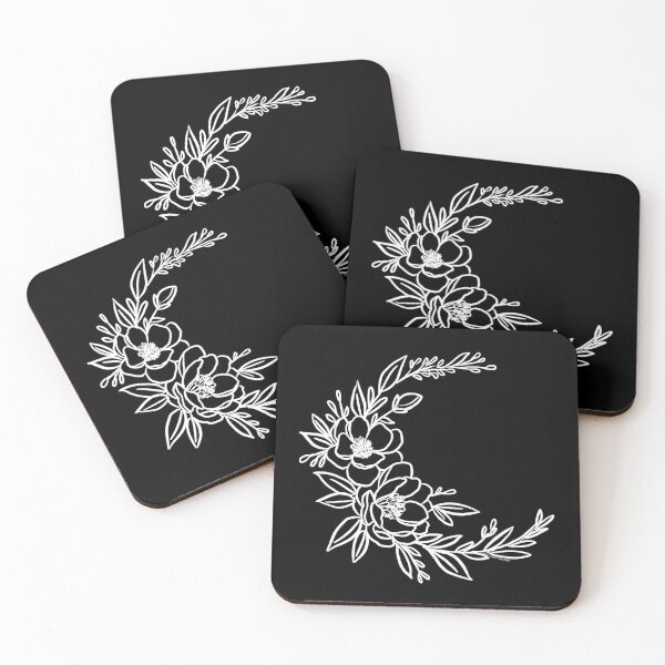 Item preview, White on Black Floral Moon - Magnolia Crescent Illustration Witchy Boho Vibes Feminine by Bree Craft Designs designed and sold by breecraftdesigns.