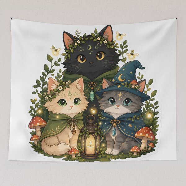 Item preview, Mystical Forest Spirit Cats with Glowing Fireflies designed and sold by StickyGuys.