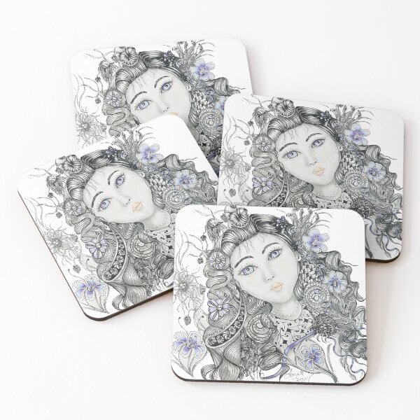 Item preview, Blue-Eyed Girl with Flowing Floral Zentangle Hair designed and sold by LorieFossaArt.