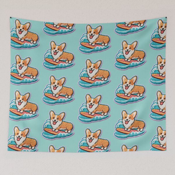 Item preview, Cute Embroidered Corgi Surfing Patch designed and sold by MegaNovaArt.