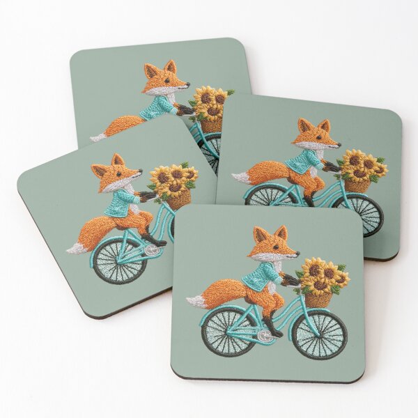 Item preview, Embroidered Fox Riding Bicycle with Sunflowers Patch designed and sold by MegaNovaArt.