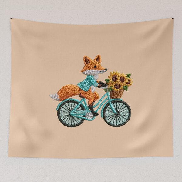 Item preview, Embroidered Fox Riding Bicycle with Sunflowers Patch designed and sold by MegaNovaArt.
