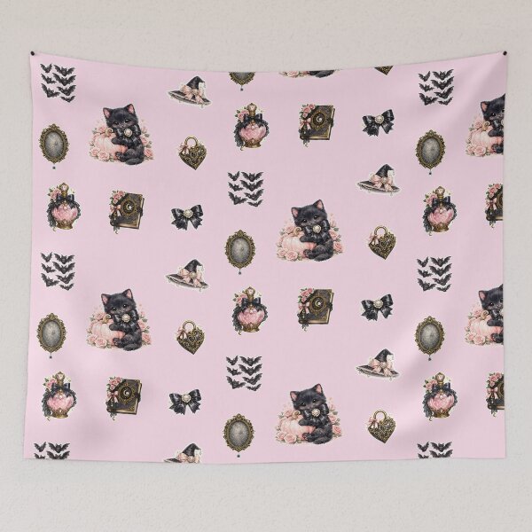 Item preview, Cute Black Cat Halloween Sticker Set with Pink Pumpkin, Witch Hat, Magic Book and Gothic Coquette Decorations designed and sold by looplandger.