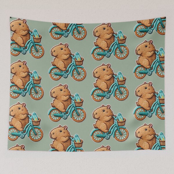 Item preview, Cute Embroidered Capybara Riding Bicycle Patch designed and sold by MegaNovaArt.