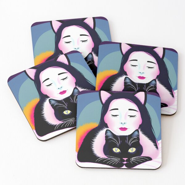 Item preview, Neon Serenity – Cute Cat Girl and Black Cat Pop Art designed and sold by UmSkelig834.