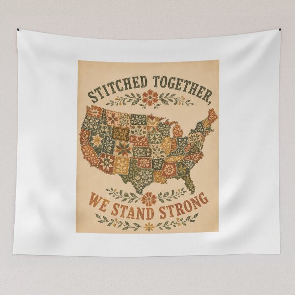 Item preview, Stitched Together We Stand Strong Americana Patchwork Map designed and sold by chattsuede.