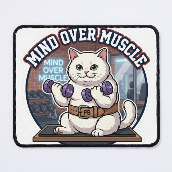Item preview, Mind Over Muscle Funny Gym Cat Lifting Weights designed and sold by JeevanStickers.