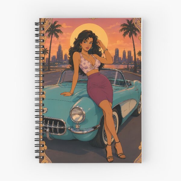 Item preview, Retro Sunset Beauty – Vintage Pin-Up Anime Girl with Classic Convertible designed and sold by  Hollow Moon Studios..