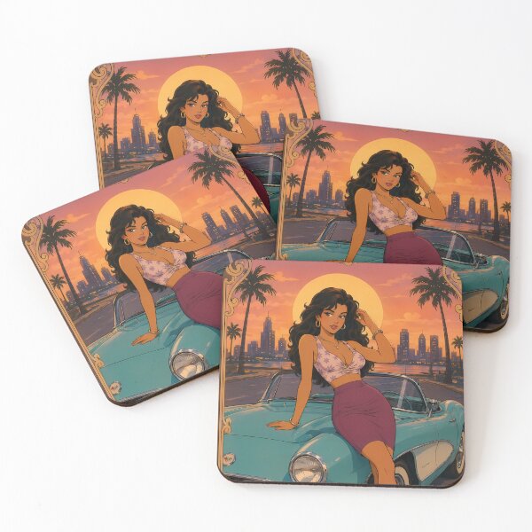 Item preview, Retro Sunset Beauty – Vintage Pin-Up Anime Girl with Classic Convertible designed and sold by  Hollow Moon Studios..