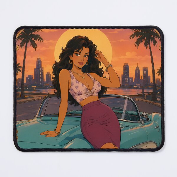 Item preview, Retro Sunset Beauty – Vintage Pin-Up Anime Girl with Classic Convertible designed and sold by Hollow Moon Studios..