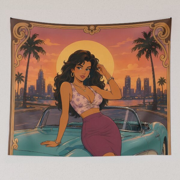 Item preview, Retro Sunset Beauty – Vintage Pin-Up Anime Girl with Classic Convertible designed and sold by  Hollow Moon Studios..