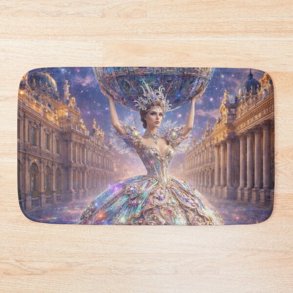 Item preview, AI Fantasy Atlas Woman Crystal Palace Tapestry, AI Generated Rococo Gown Galaxy Art, Crystal Sphere Palace Wall Decor designed and sold by IRON SIREN.
