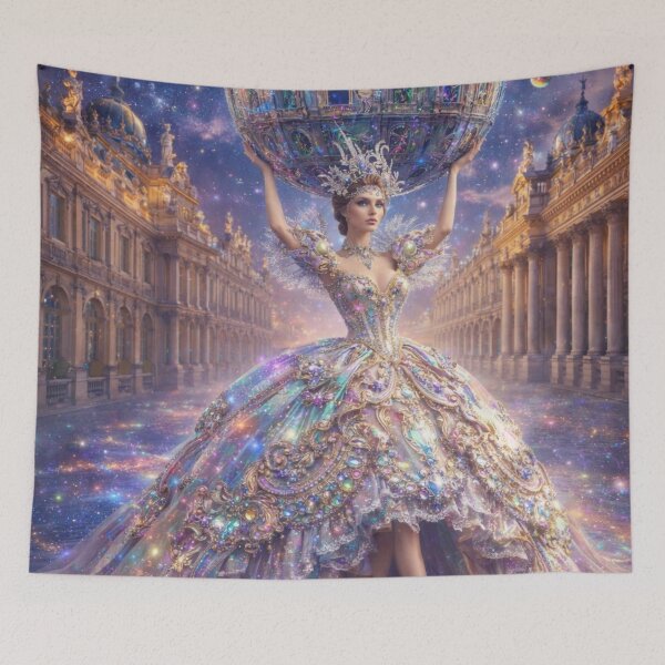 Item preview, AI Fantasy Atlas Woman Crystal Palace Tapestry, AI Generated Rococo Gown Galaxy Art, Crystal Sphere Palace Wall Decor designed and sold by IRON SIREN.