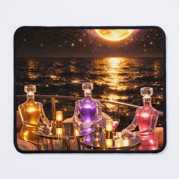 Item preview, Liquid Lounge | Three Glowing Figures Under a Cosmic Sun | Luxury Surreal Fantasy Art Print designed and sold by YourForKor.
