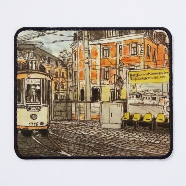 Item preview, Redbubble Title: Historic Tram at the Dresden Tram Museum – Trachenberger Platz Urban Sketch designed and sold by UMA Urban Sketch.