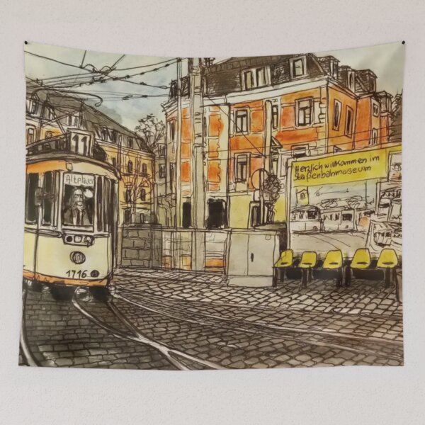 Item preview, Redbubble Title: Historic Tram at the Dresden Tram Museum – Trachenberger Platz Urban Sketch designed and sold by UMA Urban Sketch.