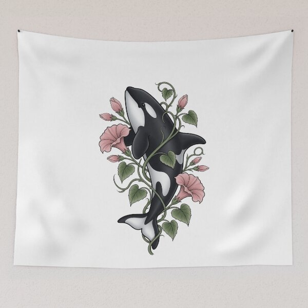 Item preview, Funny Orca Whale With Pink Flowers Botanical Ocean Animal Art designed and sold by elderberry.