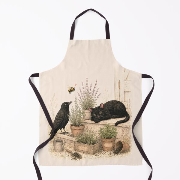 Item preview, Sleeping Black Cat in Herb Garden. Cozy Cottagecore Cat and Raven Art designed and sold by VelvetClawStudio.