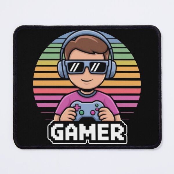 Item preview, Gamer Boy with 80s Retro Style Colors Wearing Sunglasses with Pixelated Words designed and sold by MakersFolly.