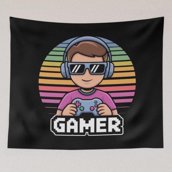 Item preview, Gamer Boy with 80s Retro Style Colors Wearing Sunglasses with Pixelated Words designed and sold by MakersFolly.