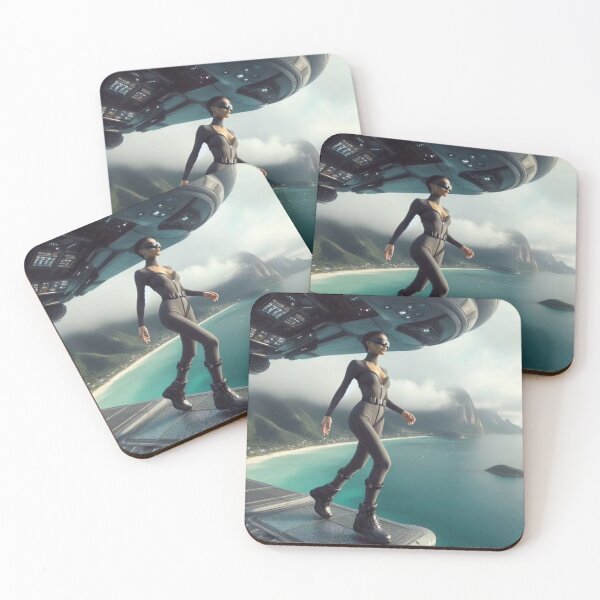 Item preview, AI Sci Fi Agent Woman Spaceship Tapestry, AI Generated Futuristic Jumpsuit Art, Tropical Coast Spaceship Wall Decor designed and sold by IRON SIREN.
