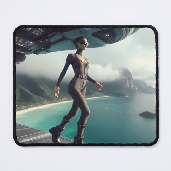 Item preview, AI Sci Fi Agent Woman Spaceship Tapestry, AI Generated Futuristic Jumpsuit Art, Tropical Coast Spaceship Wall Decor designed and sold by IRON SIREN.