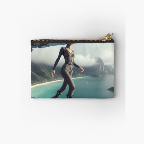 Item preview, AI Sci Fi Agent Woman Spaceship Tapestry, AI Generated Futuristic Jumpsuit Art, Tropical Coast Spaceship Wall Decor designed and sold by IRON SIREN.