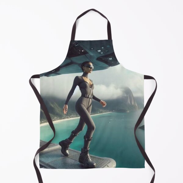 Item preview, AI Sci Fi Agent Woman Spaceship Tapestry, AI Generated Futuristic Jumpsuit Art, Tropical Coast Spaceship Wall Decor designed and sold by IRON SIREN.