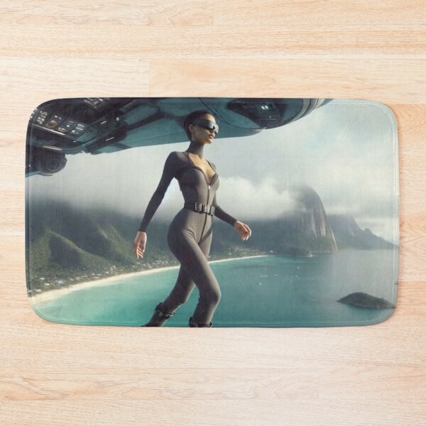 Item preview, AI Sci Fi Agent Woman Spaceship Tapestry, AI Generated Futuristic Jumpsuit Art, Tropical Coast Spaceship Wall Decor designed and sold by IRON SIREN.