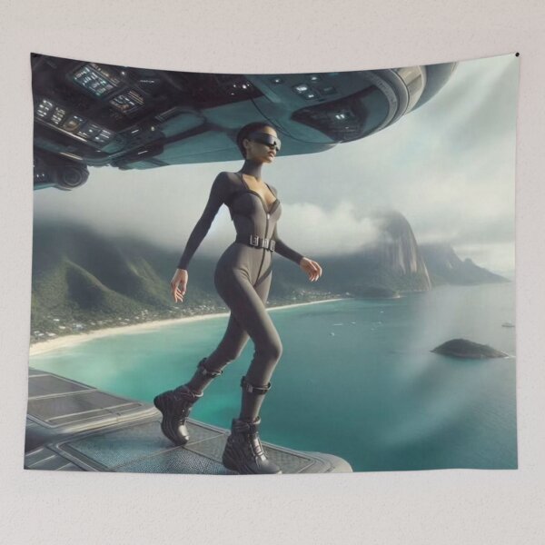 Item preview, AI Sci Fi Agent Woman Spaceship Tapestry, AI Generated Futuristic Jumpsuit Art, Tropical Coast Spaceship Wall Decor designed and sold by IRON SIREN.