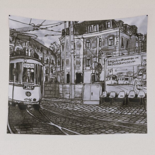 Item preview, Historic tram at the Dresden Tram Museum – Trachenberger Platz - Ink Urban Sketch designed and sold by UMA Urban Sketch.