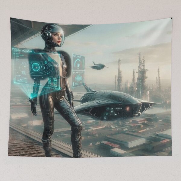 Item preview, AI Holographic Sci Fi Pilot Woman, AI Generated Futuristic HUD Armor Art, Orbital Navigation Spaceship Wall Decor designed and sold by IRON SIREN.