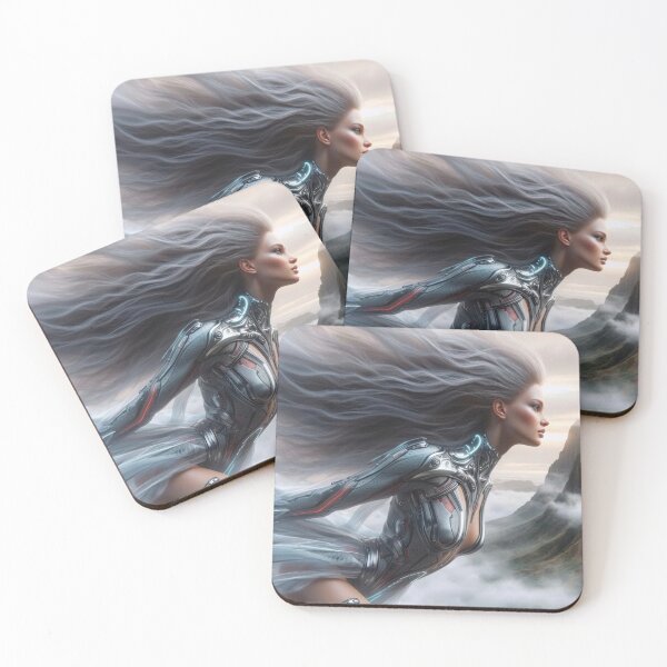 Item preview, AI Cyborg Woman Flying, AI Generated Metallic Armor Art, Futuristic Haute Couture Sci Fi Wall Decor designed and sold by IRON SIREN.