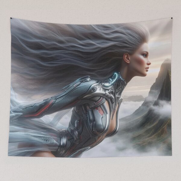 Item preview, AI Cyborg Woman Flying, AI Generated Metallic Armor Art, Futuristic Haute Couture Sci Fi Wall Decor designed and sold by IRON SIREN.