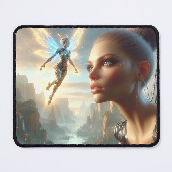 Item preview, AI Glowing Biopunk Fairy Duo, AI Generated Mechanical Fairy with Light Wings, Futuristic Fantasy Valley Wall Decor designed and sold by IRON SIREN.